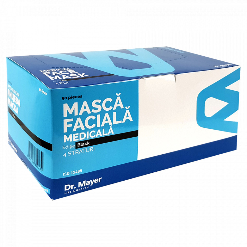 Masca medicala cu 4 straturi Black Full Color Edition, 50 bucati, Dr. Mayer